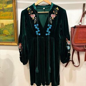 Dark Green Velvet Embroidered Boho Dress Bell Sleeve Cottagecore Romantic